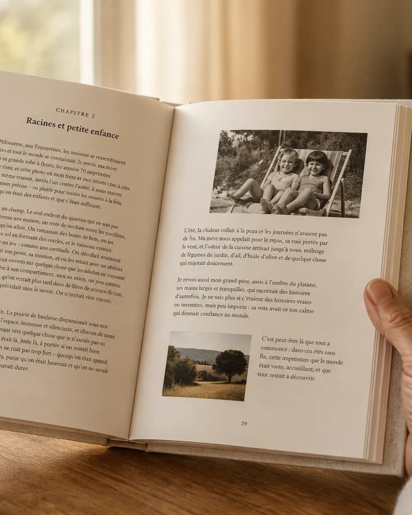 Une personne tenant le livre Racontez-moi ouvert, avec une photo de famille en noir et blanc insérée dans la page