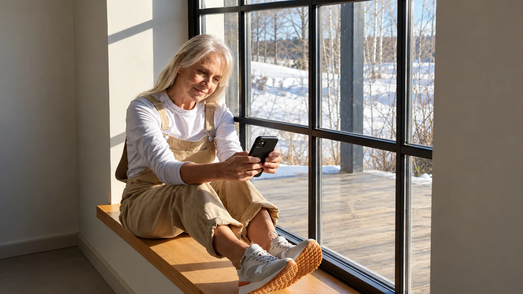 Femme assise sur le rebord d'une grande fenêtre, souriante, son téléphone à la main