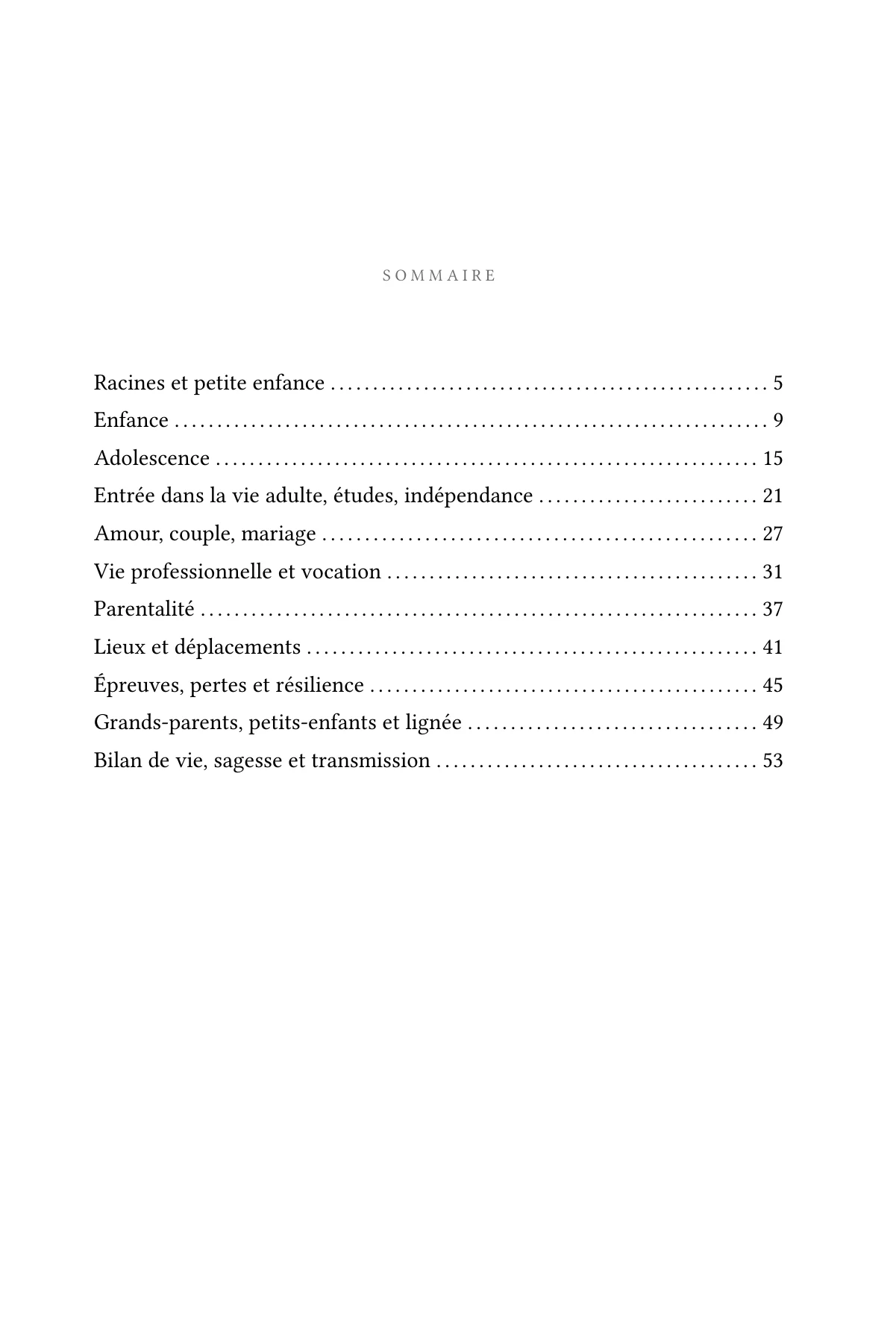 Sommaire listant onze chapitres, de « Racines et petite enfance » à « Bilan de vie »