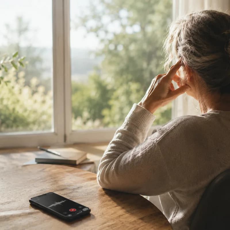 Femme de dos assise près d'une fenêtre, téléphone posé sur la table en train d'enregistrer