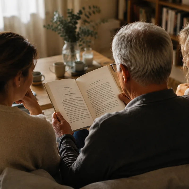 Trois personnes de dos, réunies sur un canapé, lisant un livre ensemble