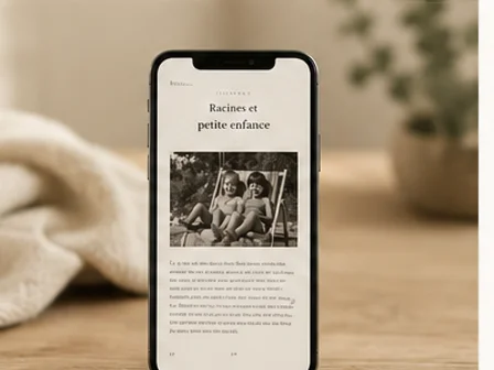 Téléphone posé sur une table affichant une page du manuscrit, entouré d'un plaid et d'une plante