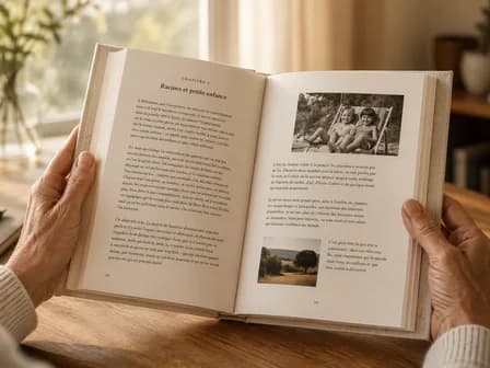 Mains tenant un livre relié ouvert, avec une photo de famille en noir et blanc insérée dans la page