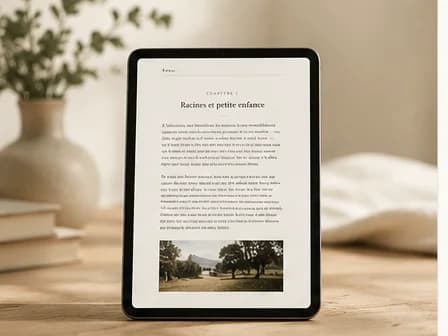 Tablette posée sur une table en bois affichant une page du manuscrit, entourée de plantes et de livres