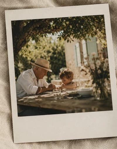 Photo façon polaroïd d'un grand-père et de son petit-fils à table
